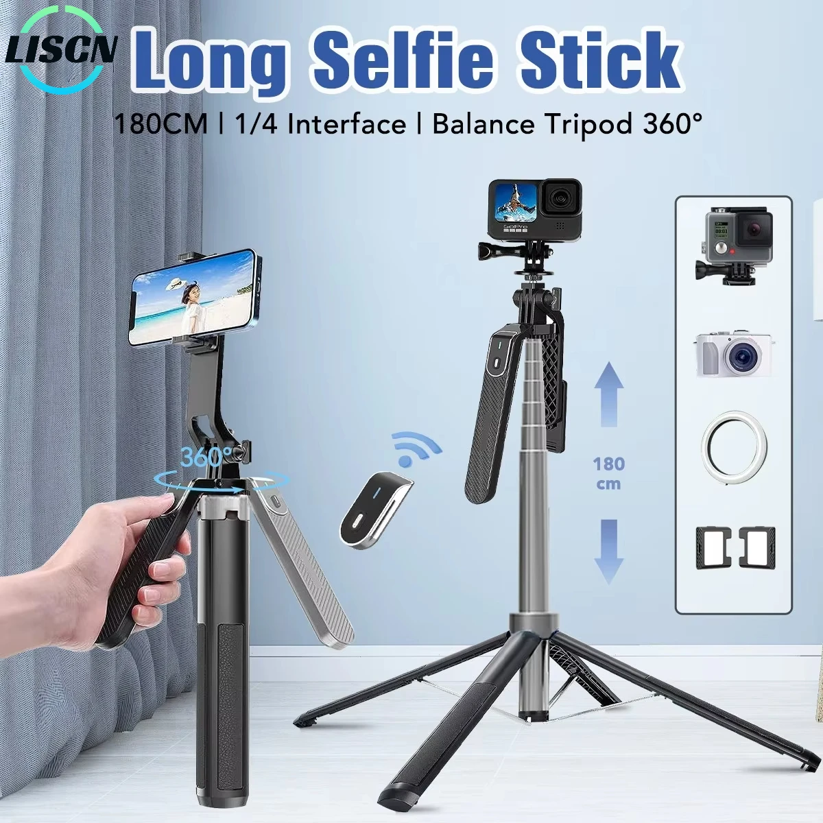 

LISCN 180CM Selfie Stick Tripod 360 Rotation Portable Foldable Cell Phone Tripod Stand Stabilizer for Travel Video Photograph