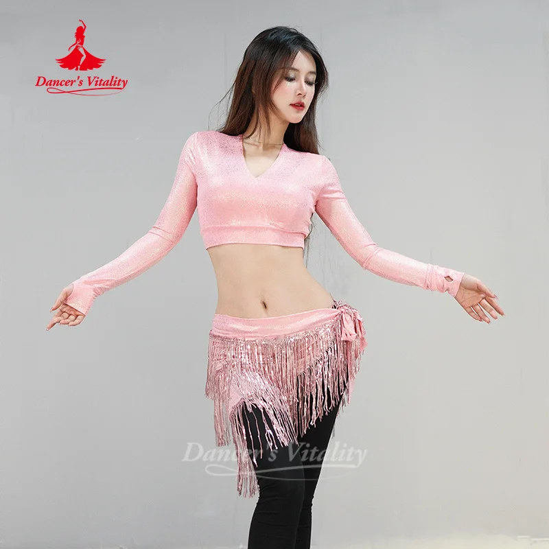 BellyDance Set Damen Sexy V-Ausschnitt Langarm Top + Quaste Hüfttuch + Schwarze Schlankheitshose 3-teiliges orientalisches Tanz-Übungs-Outfit