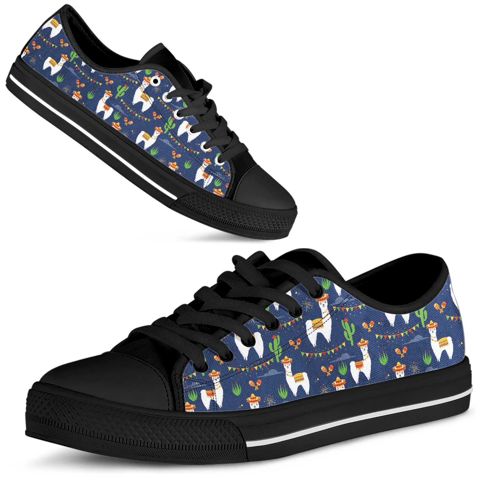 ELVISWORDS Blue Cartoon Alpaca Design Brand Low Top Canvas Shoes Cactus Print Shoes Cartoon Animal Customized Sneakers Flats