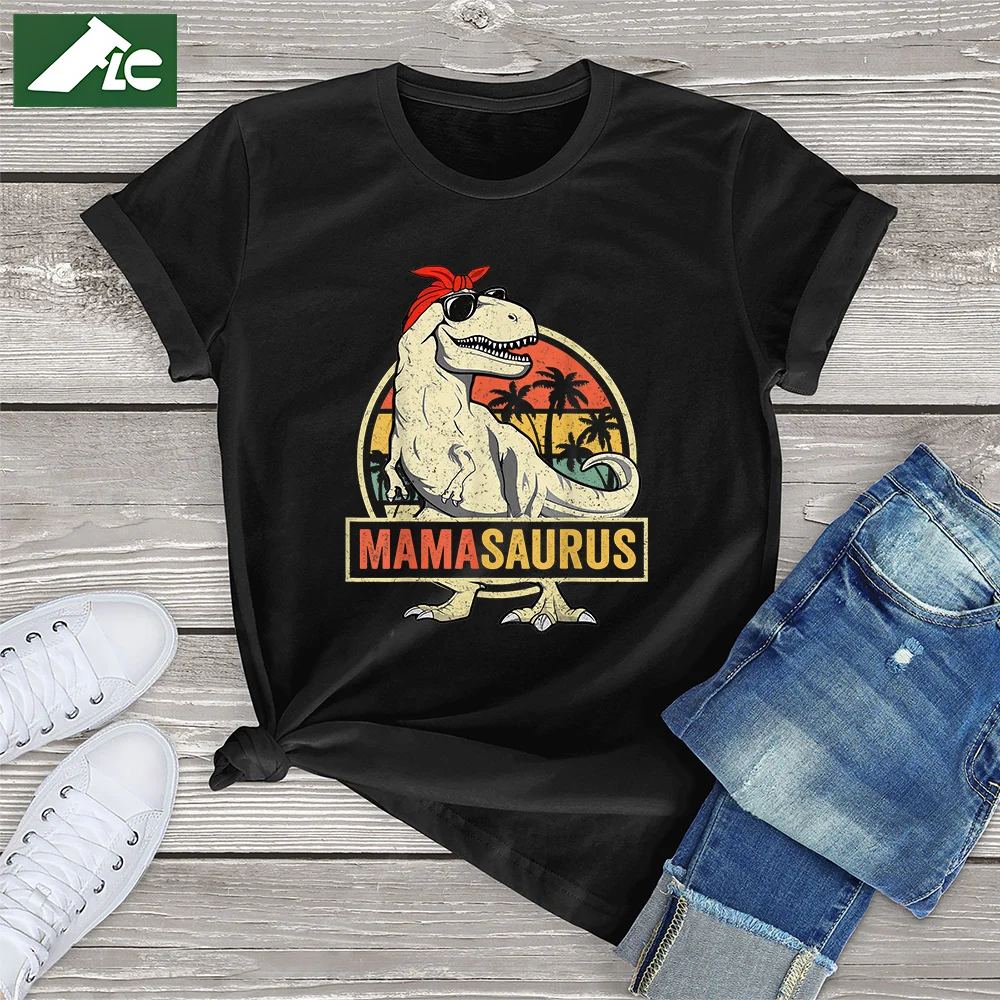 

FLC 100% Cotton Mamasaurus Dinosaur Print T-shirt T Rex Gift Mama Saurus Family Matching Crew Neck Short Sleeve Women Clothing