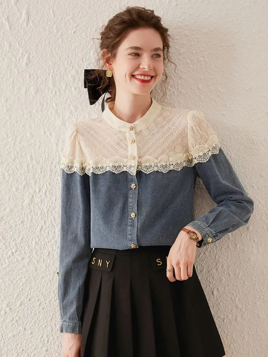 LOUIS YAO Women Color Block Lace Stand-Up Collar Shirt 2023 Autumn Fashionable Denim Blue Long-sleeve Top