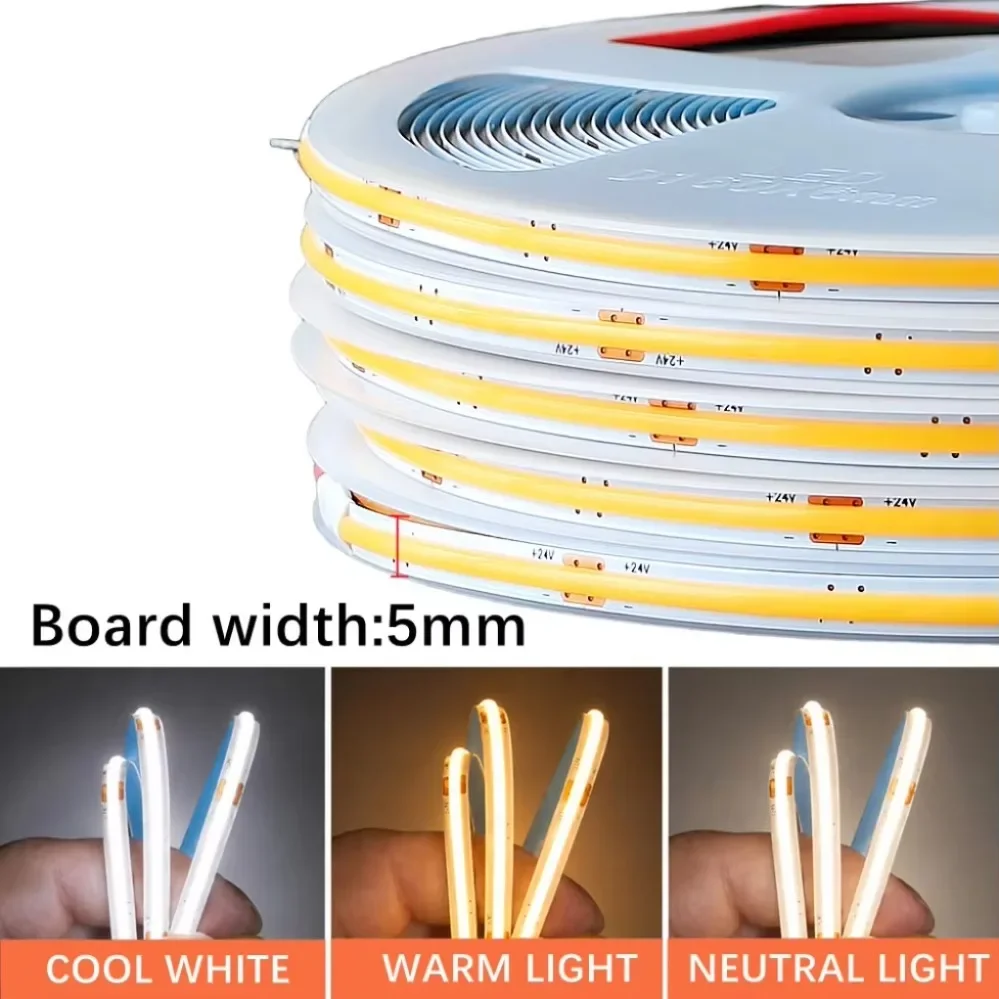 DC12V 24V 5mm COB LED Strip Light 324/480LEDs/M High Density Linear Dimmable Flexible 3000K 4000K 6000K for DIY Cabinet Lighting