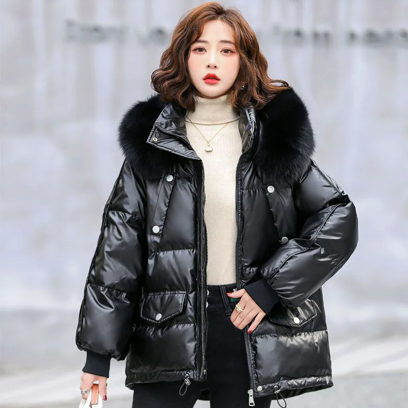 2024 New Korean Fashion Bright White Duck Down Loose Women's Down Jacket Winter Warm Hooded Solid Color Women's Down Jacket H172