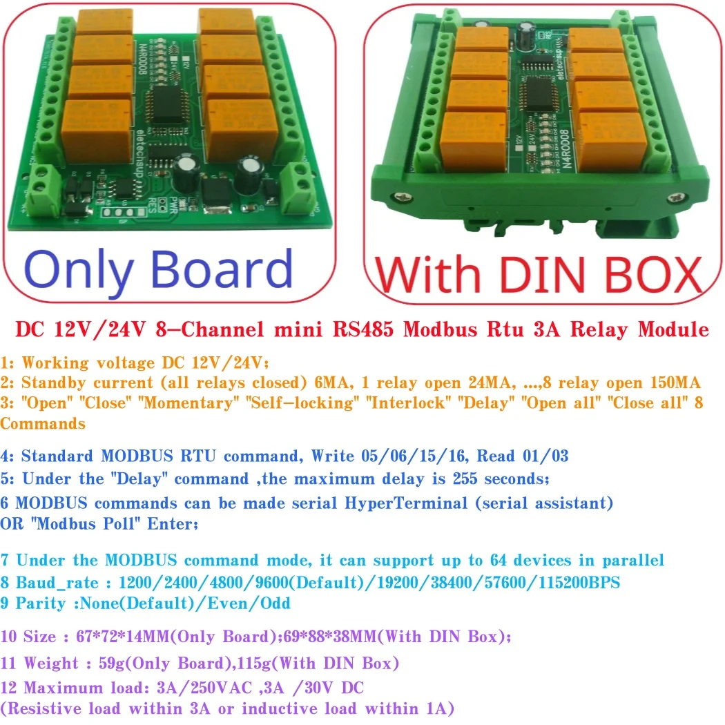 

Мини-размер IOT Remote IO Controller N4ROD08 Modbus Industrial 8 DO RS485 Релейный модуль DC 12 В 24 В Eletechsup