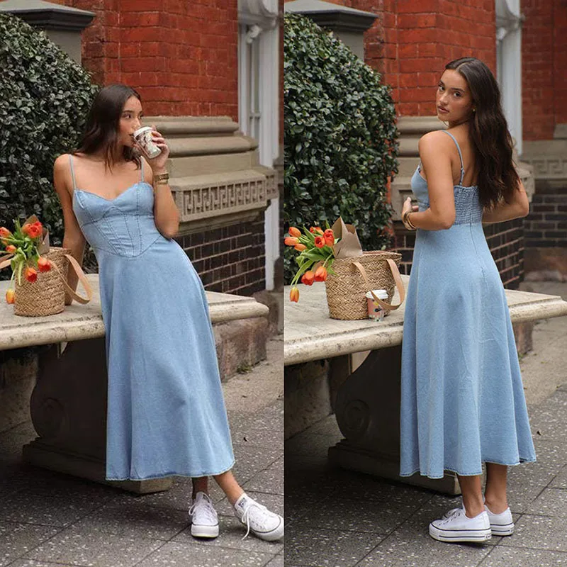 

DongCMY Women Elegant Sweet Spice Halter Imitation Denim Fabric Dress Sleeveless Slimming A Line Beach Dress