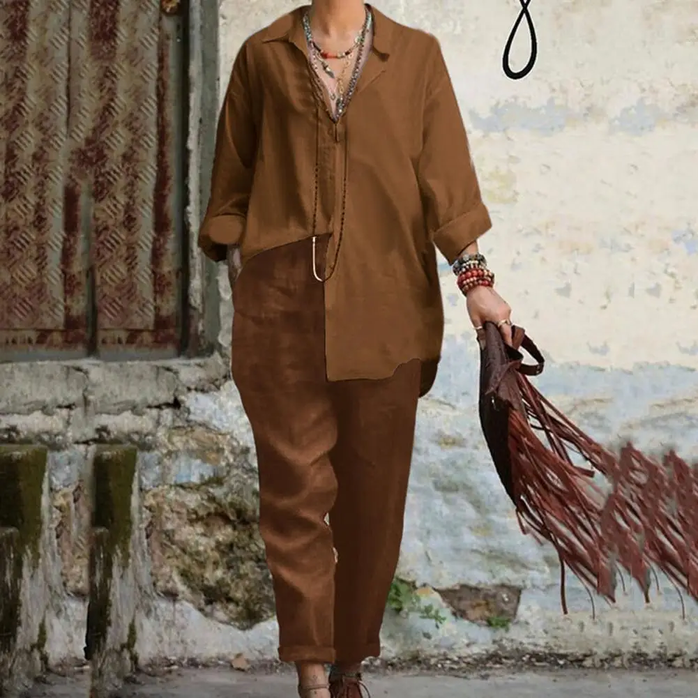 Women Autumn Linen Lapel Shirt Two Pieces Set Vintage Solid Long Sleeve Button Blouse and Loose Straight Pants Casual Suits