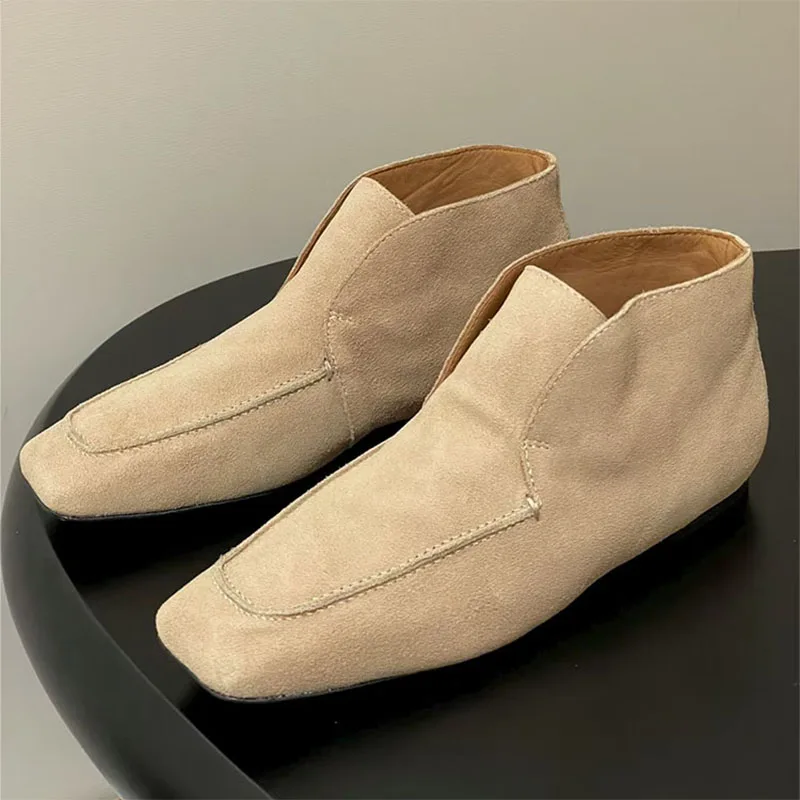 

High Top Flat Shoes Woman Square Toe Slip-on Casual Shoes Cow Suede Loafers Woman Daily Comfort Outdoor Walk Shoes For Women