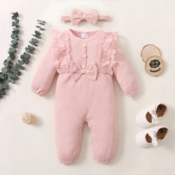 0-18 Months Baby Girl Bodysuit Newborn Baby Girl Clothes Solid Lace Long Sleeves Romper Infant Girl Leisure Jumpsuit Outfit