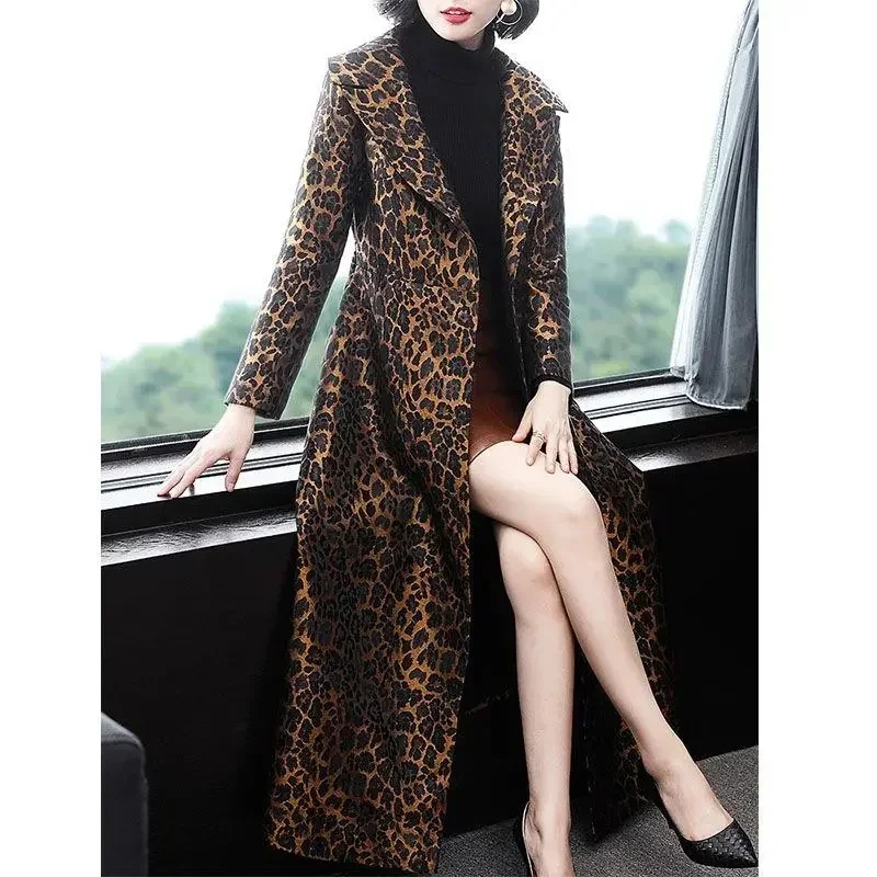 High End Fashion Leopard Coat Women Spring Autumn Korean Slim Long Trench Coat Female Windbreaker With Belt Mother Outwear 4XL