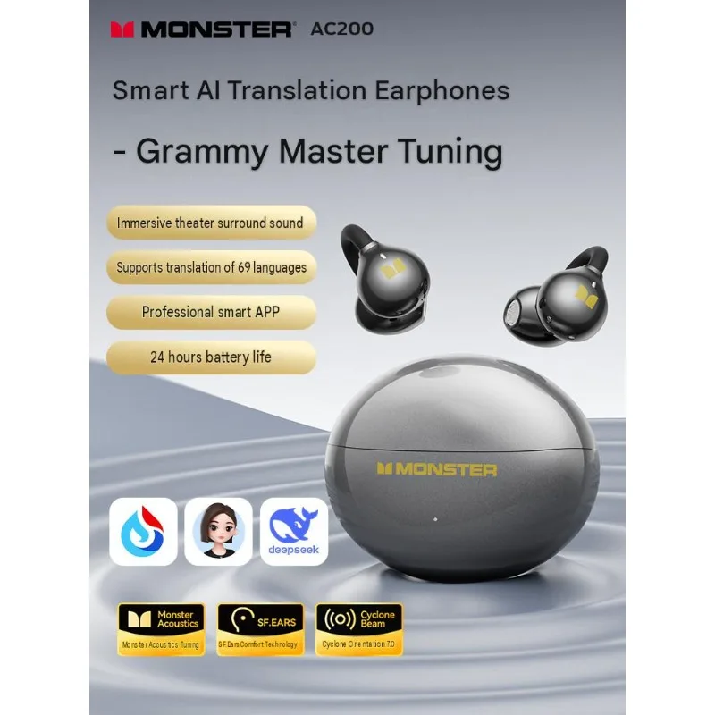 Monster AC200 Bluetooth Earphones - Clip-on Style, High-Quality Sound, Long Battery Life, Smart Wireless Translation Earphones