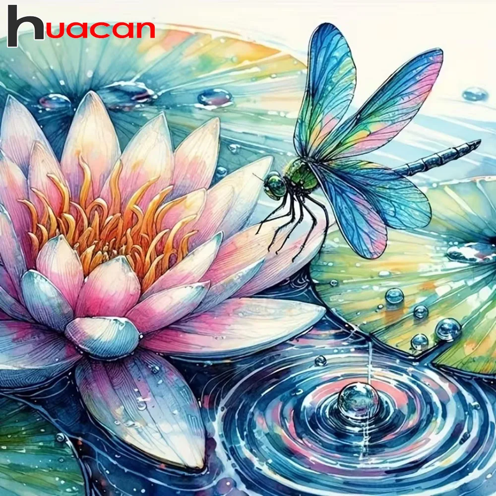 Huacan 5D DIY Diamantmalerei Libelle Lotus Diamant-Mosaik Tier- und Blumen-Set Heimdekoration