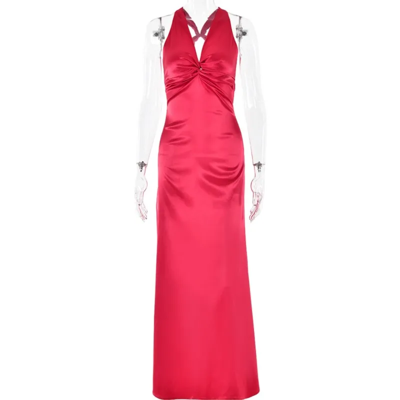 2025 verano flaco elegante fiesta Clubwear satén Sexy espalda descubierta fruncido mujeres Maxi vestido amarillo sin mangas vestido de cintura alta