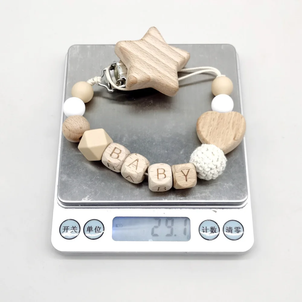 คลิปหนีบจุกนมหลอกเด็กแบบกำหนดเอง พร้อมชื่อส่วนตัว ทำจากซิลิโคนและลูกปัดไม้ ที่ยึดจุกนมหลอกป้องกันการสูญหายสำหรับเด็ก