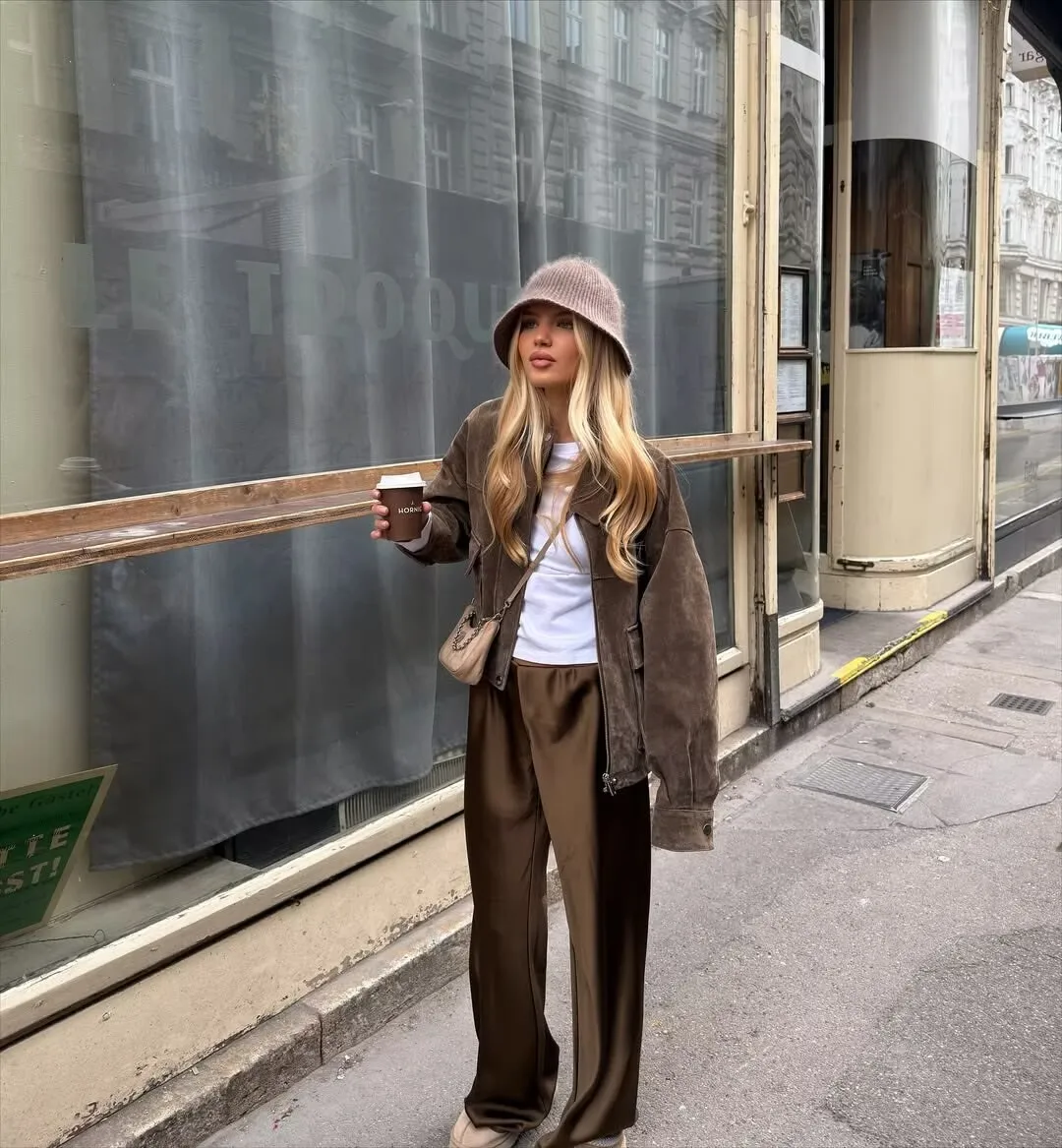 

YENKYE куртка из искусственной замши для женщин, молния спереди, длинный рукав с карманами, осеннее пальто, короткая уличная одежда, верхняя одежда