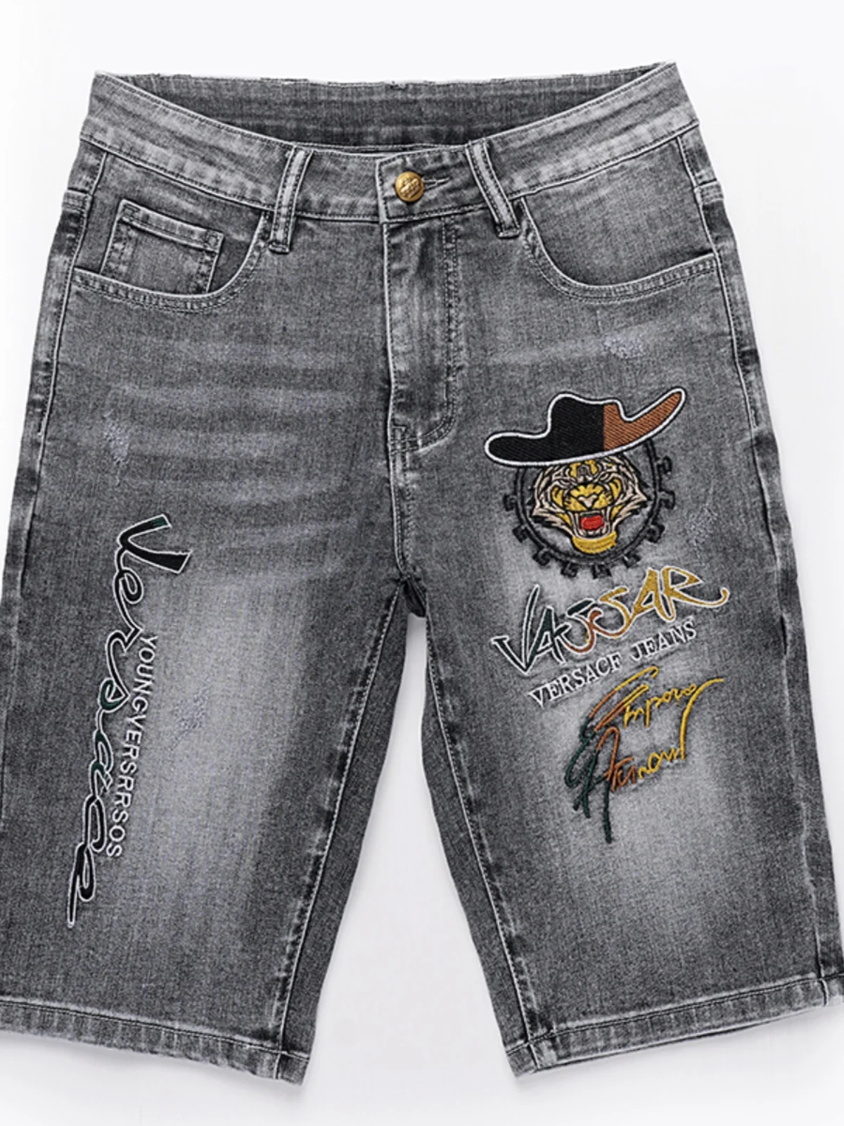 

Light Blue Denim ort Pants Men's Summer Thin Five-Point Casual Tiger Letter Embroidery Cotton Stretch Jeans Trendy Straight...