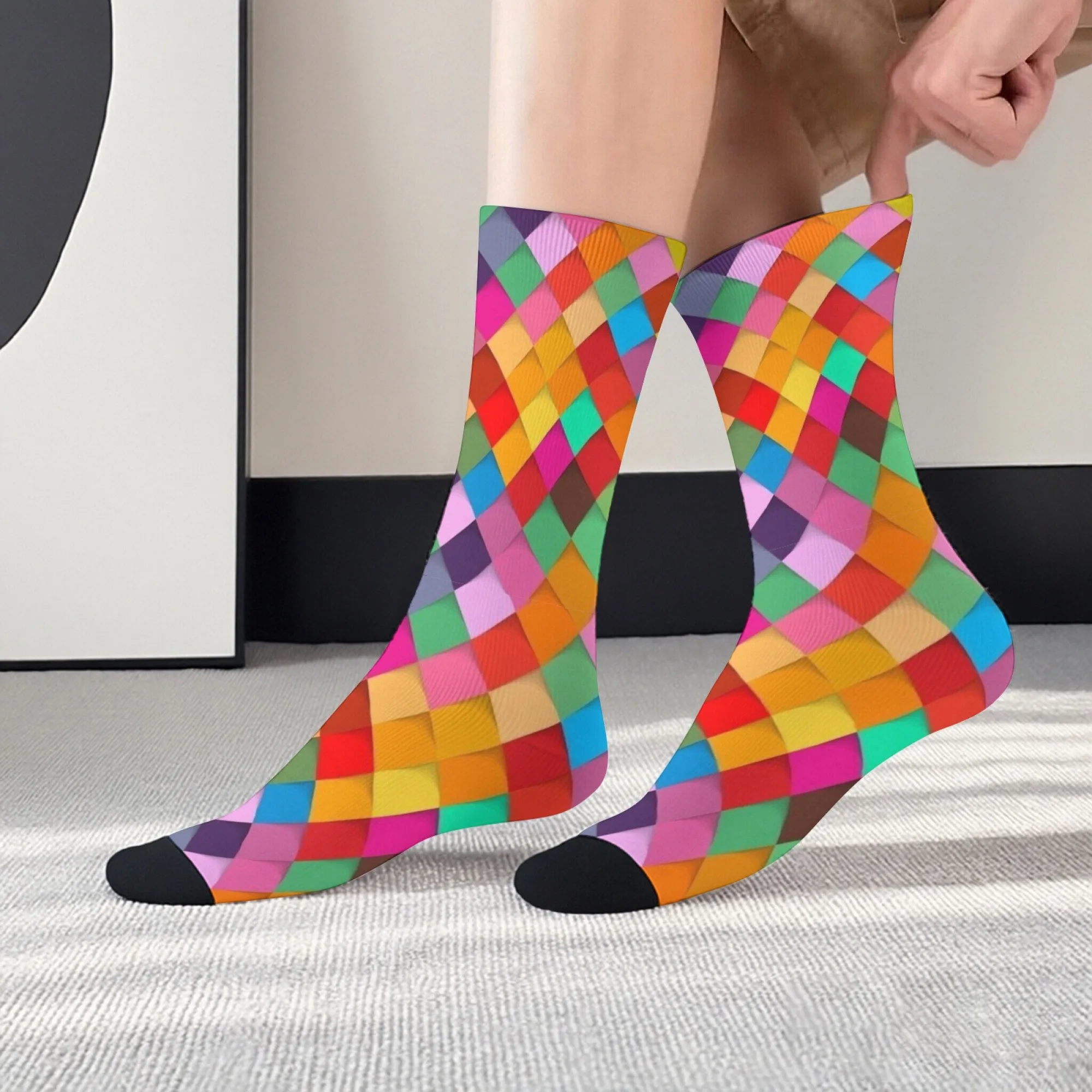 Rainbow Gradient Diamond Print Men Mid-calf Socks Vibrant and Artistic Perfect for Bright Colors and Geometric Styles Lovers