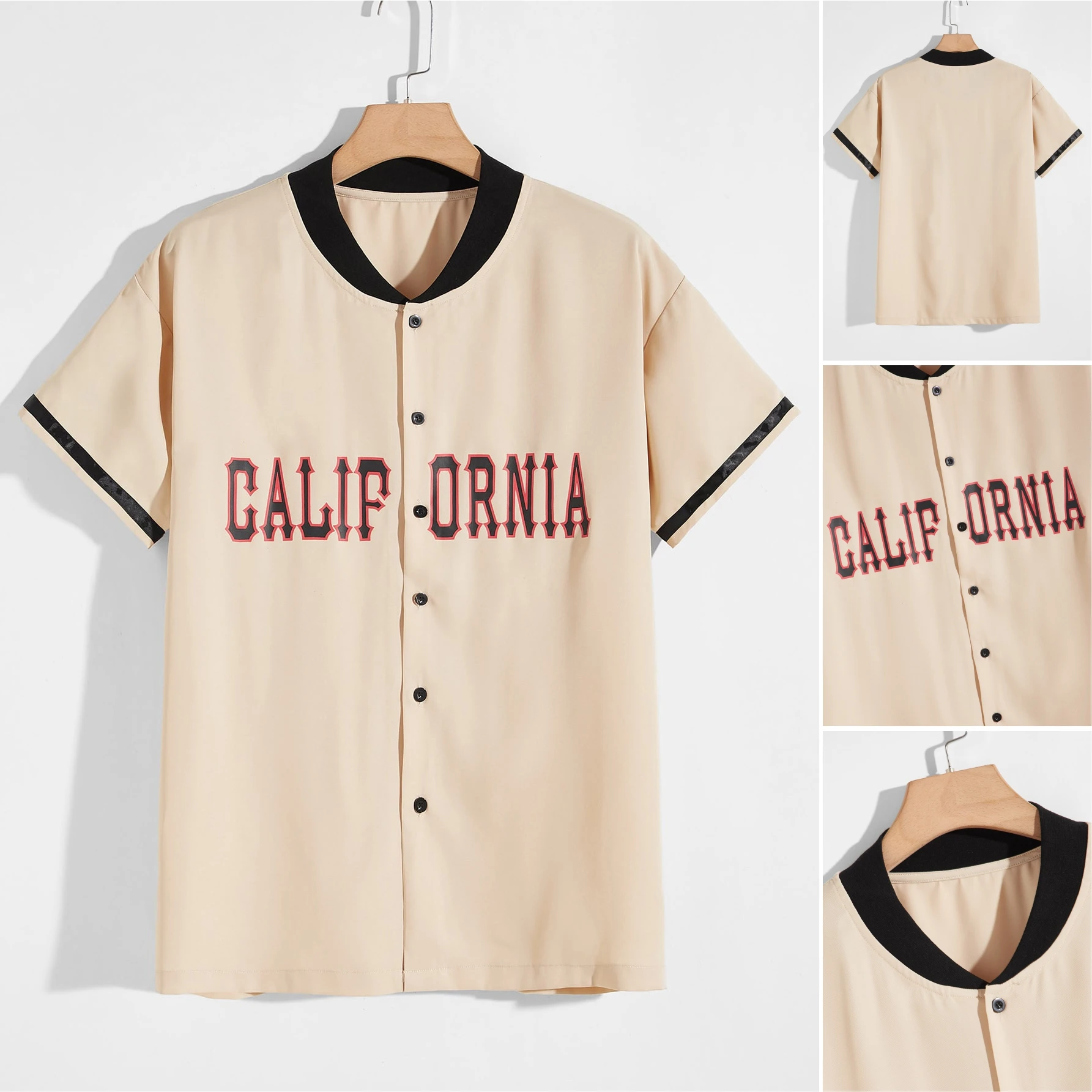 

Men's Baseball Uniform Khaki Short Sleeve Letter CALIF ORNIA Print Baseball Shirt Casual Street Hip Hop Shirt Top