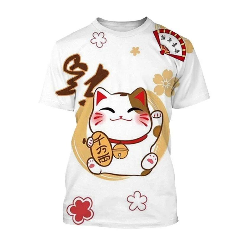 Hot Selling Everyone's Favorite Fortune Cat 3D Printed T-shirt Men's and Women's Casual Fashion Fun Crew Neck T-shirt Kids Hip H