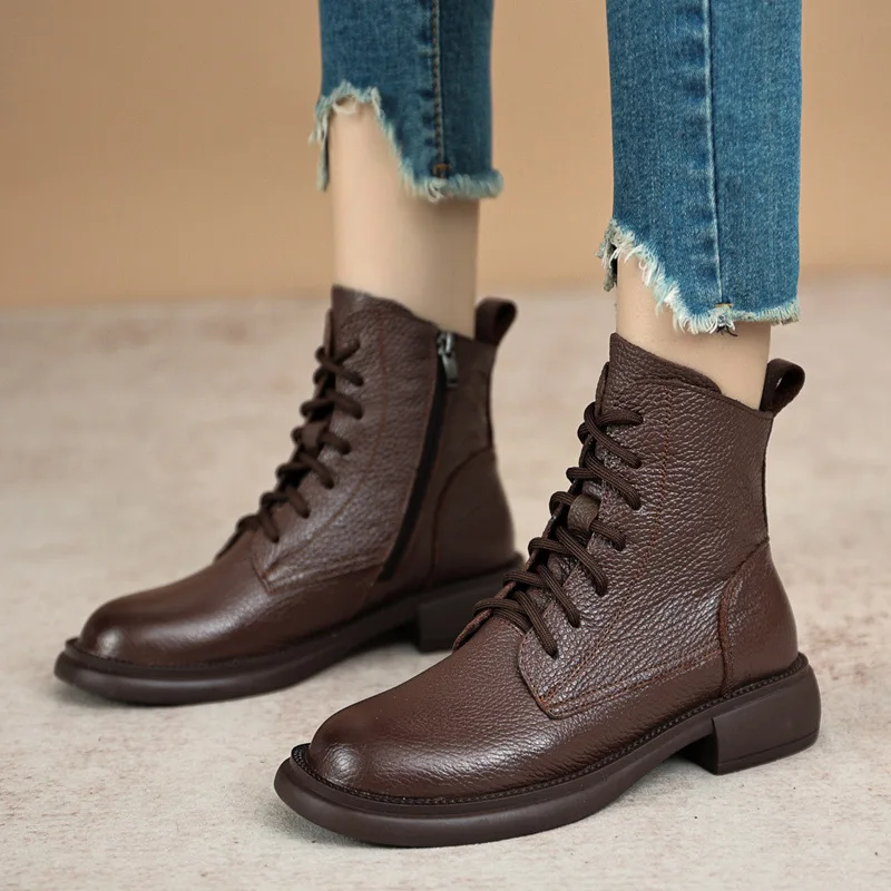 Spring Lady Ankle Booties Genuine Cow Leather Platform Shoes For Women Winter Youth Girls Soft Sole Thick Heel Knight Snow Boots