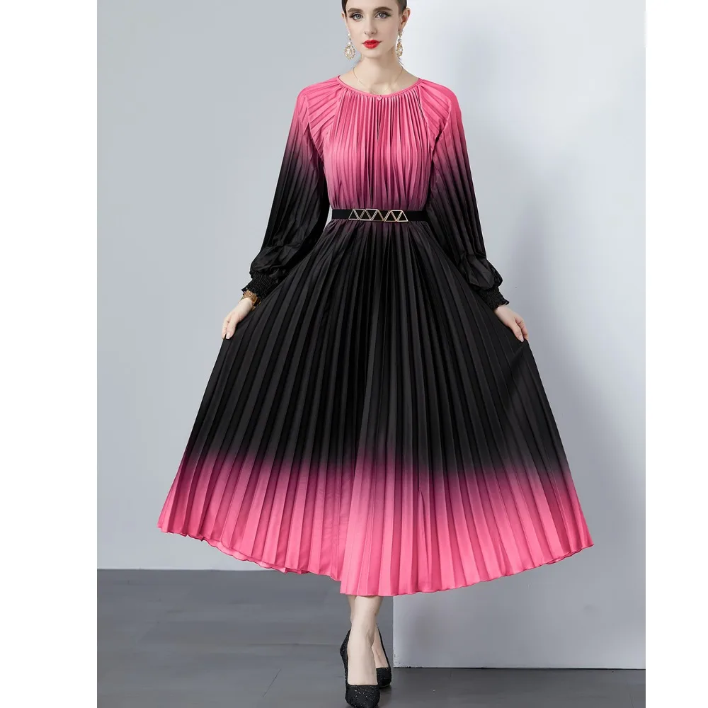 2024 신상 여성 드레스 아코디언 플리츠 슈퍼 롱 스커트 루즈핏 허리 라운드넥 X라인 미디 기장 폴리에스터 섬유