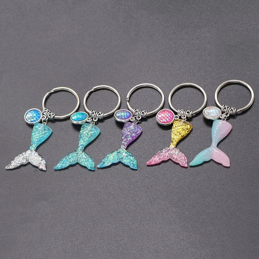 2pcs Sequins Mermaid Tail Kids Keychain Keyring Resin Gradient Color Mermaid Tail Keyring Handbag Charms for Woman