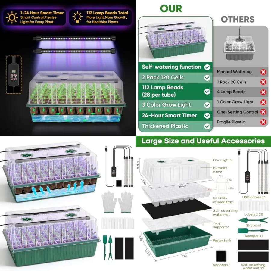 

120-Cell Self-Watering Seed Starter Tray with Grow Light, 1-24H Timer, Seed Starter Kit with 4.02" Humidity Dome, Seedling Tray