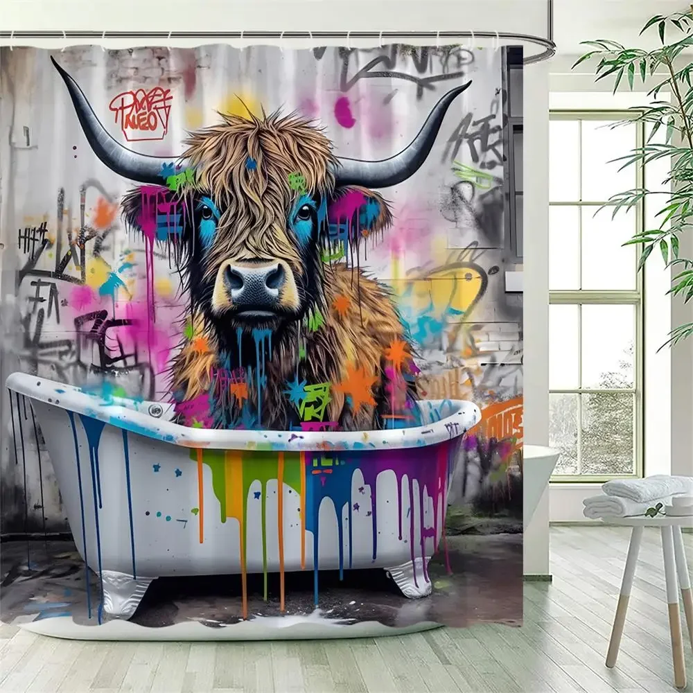 Funny Highland Cow Shower Curtains Farm Cattle Colourful Graffiti Art Bathing Animal Bath Curtain Fabric Bathroom Decor Hooks