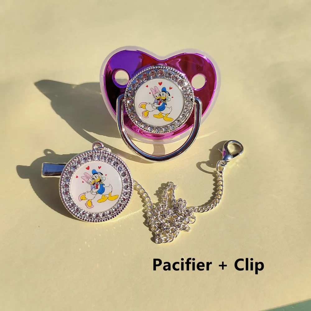 2022 New Baby Luxury Pacifier Cartoon Donald Duck Image Personalized Pacifier Chain Clip Set Toddler Newborn Nipples Baby Shower