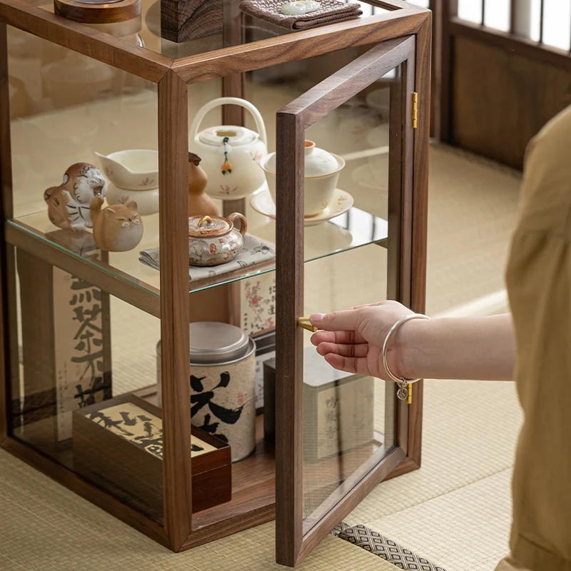 خزانة عرض زجاجية من خشب الجوز الأسود في أمريكا الشمالية، مجموعة شاي Wenwan، خزانة عرض سطح المكتب، خزانة تخزين الغبار