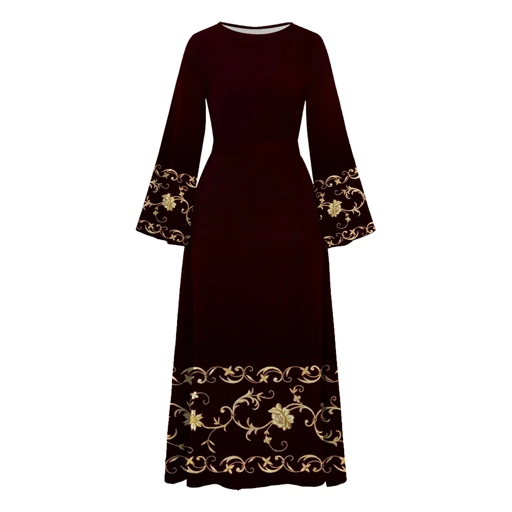 Femme Muslim Abaya Long Flare Sleeve Abaya Islamic Dresses With Belt Turkey Dubai Robe Women O-Neck Print casual Morocco Caftan