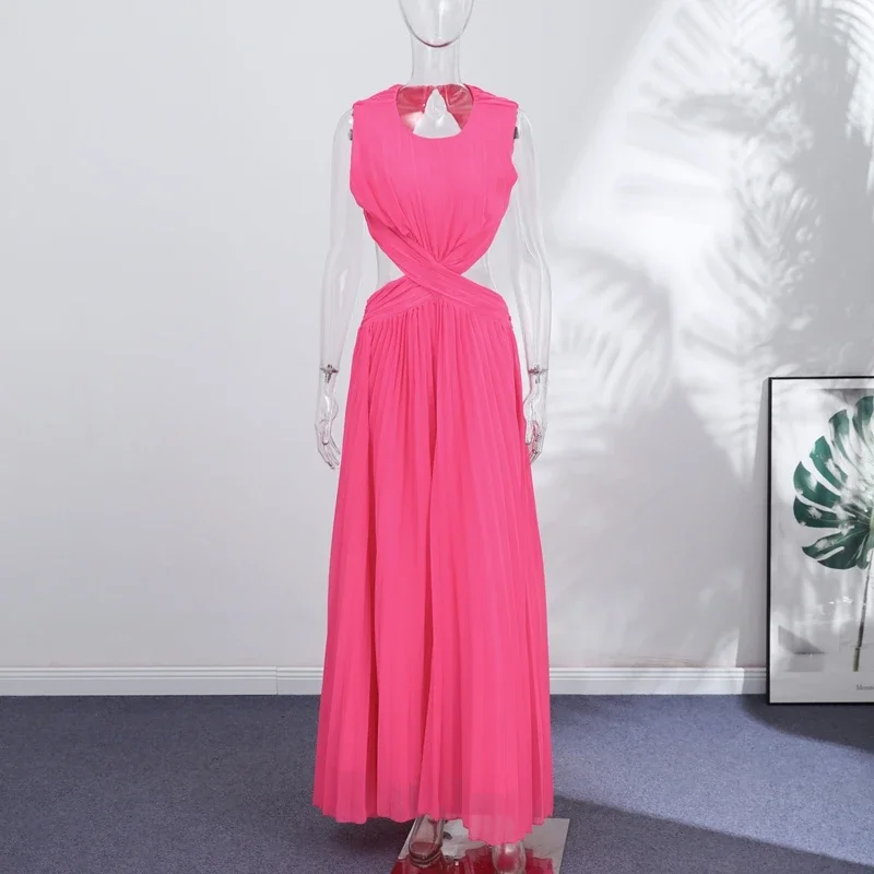 Elegantes plissiertes Damen-Maxikleid mit hohlem Rückenausschnitt, ärmellos, O-Ausschnitt, für Party und Urlaub, A-Linien-Kleider für Damen, Sommer 2026 Roben – Detail 3