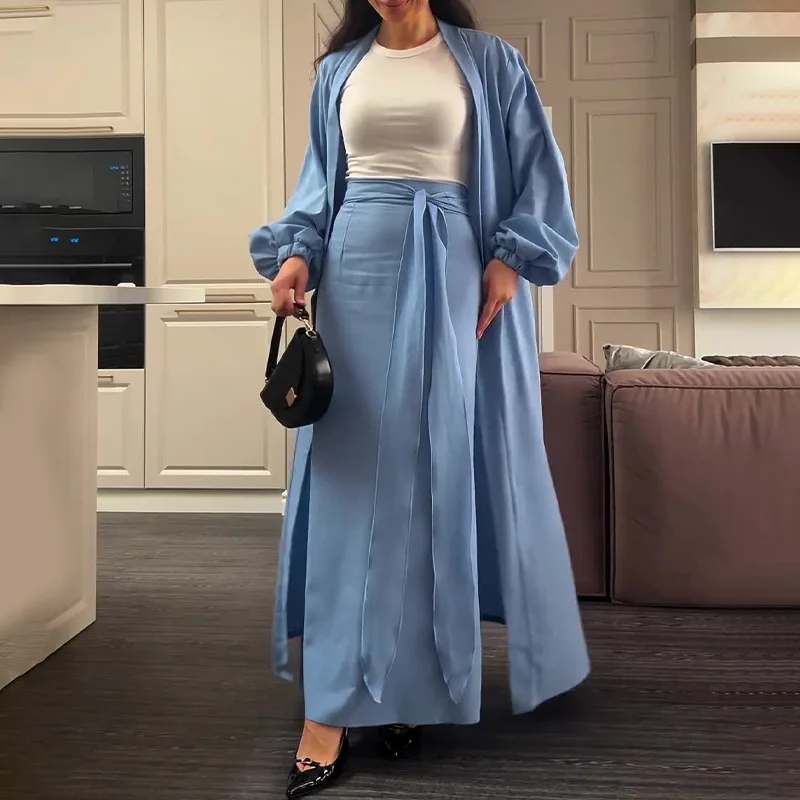 

2024 Women Bubble Sleeves Elegant Coat Top Satin Skirt Two Piece Set Woman Solid Color Two Piece Sets High Quality Lady Clothing