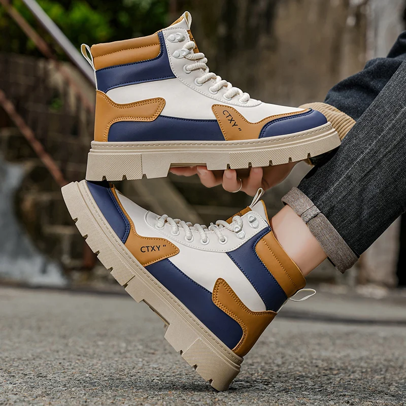 Men High-top Height Boost Work Boots Autumn, Non-slip Durable Outdoor Hiking Sneakers All-match Daily Casual Boots