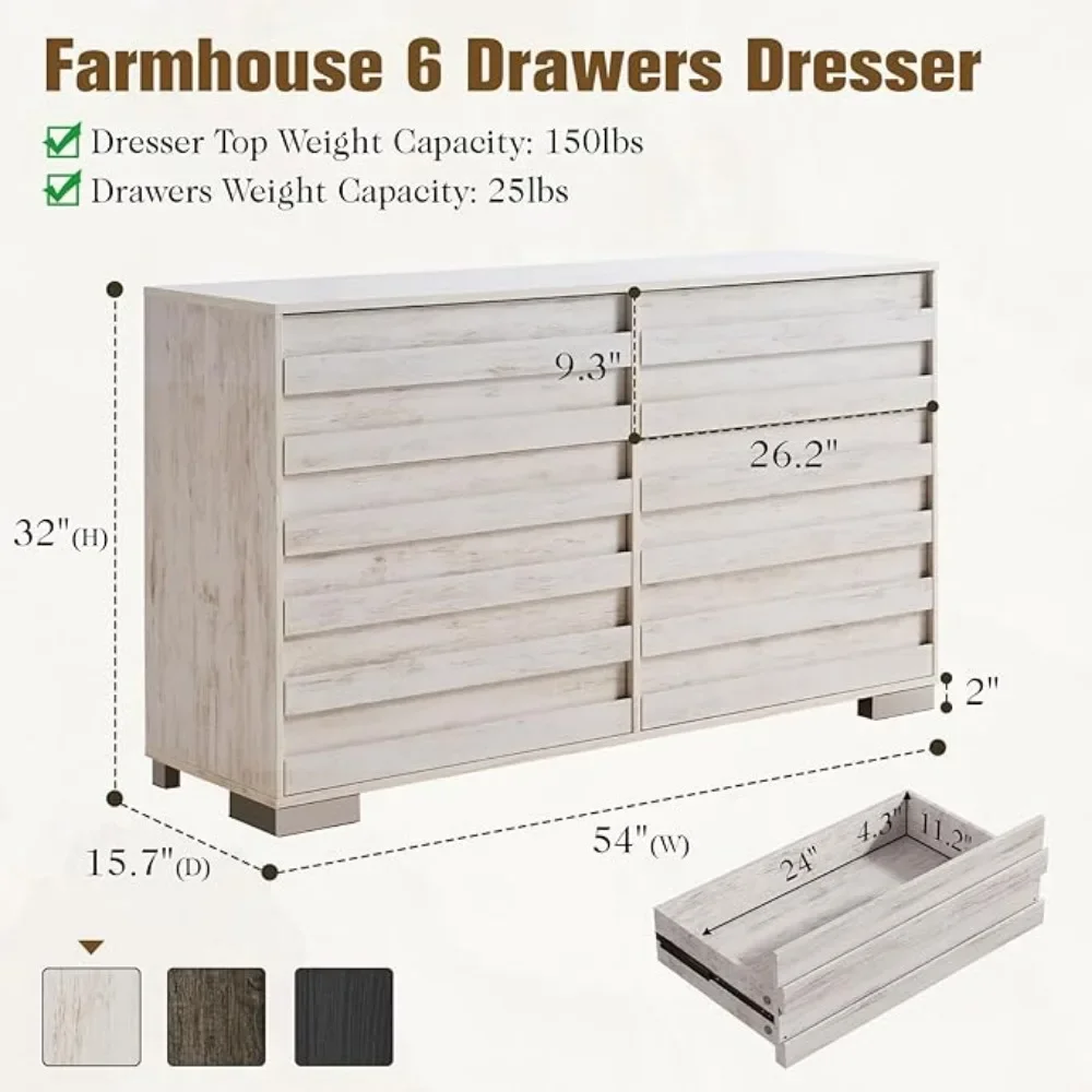 Farmhouse 6 Drawers Dresser, Wood Rustic Chest of Drawers for Bedroom, Tall Dressers Organizer Dressers Bedroom Furniture