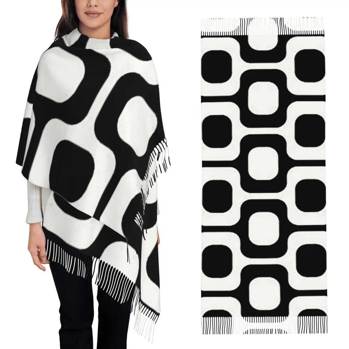 Bufanda Ipanema en blanco y negro con flecos, para mujer. Chales y mantas suaves y cálidas, chal largo para otoño e invierno.