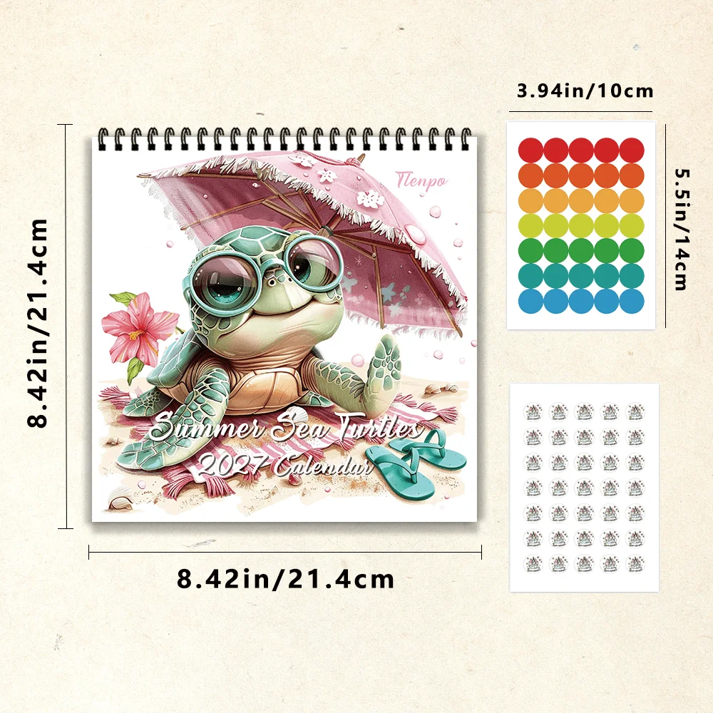 1pc 2027 Cute Summer Sea Turtle Wall Calendar,12‑Month Planner,Gift For Back‑to‑School,Christmas,New Year,Free Stickers Included