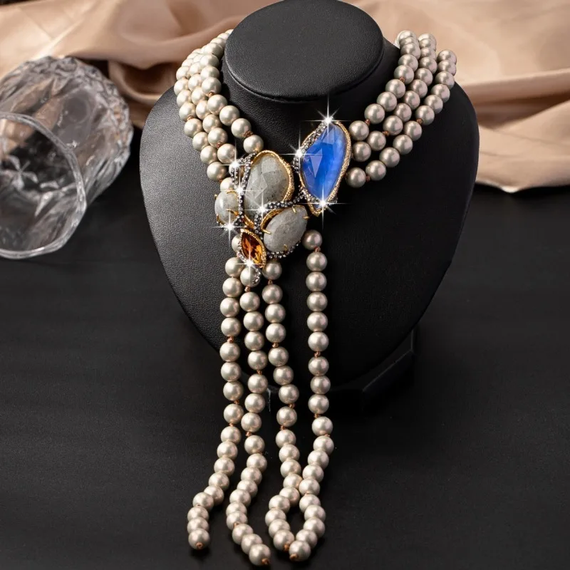 Timeless Wonder Fancy Zircon Geo Glass Pearl Tassel Necklace for Women Designer Jewelry Goth Top Luxury Brand Rare Runway 4555