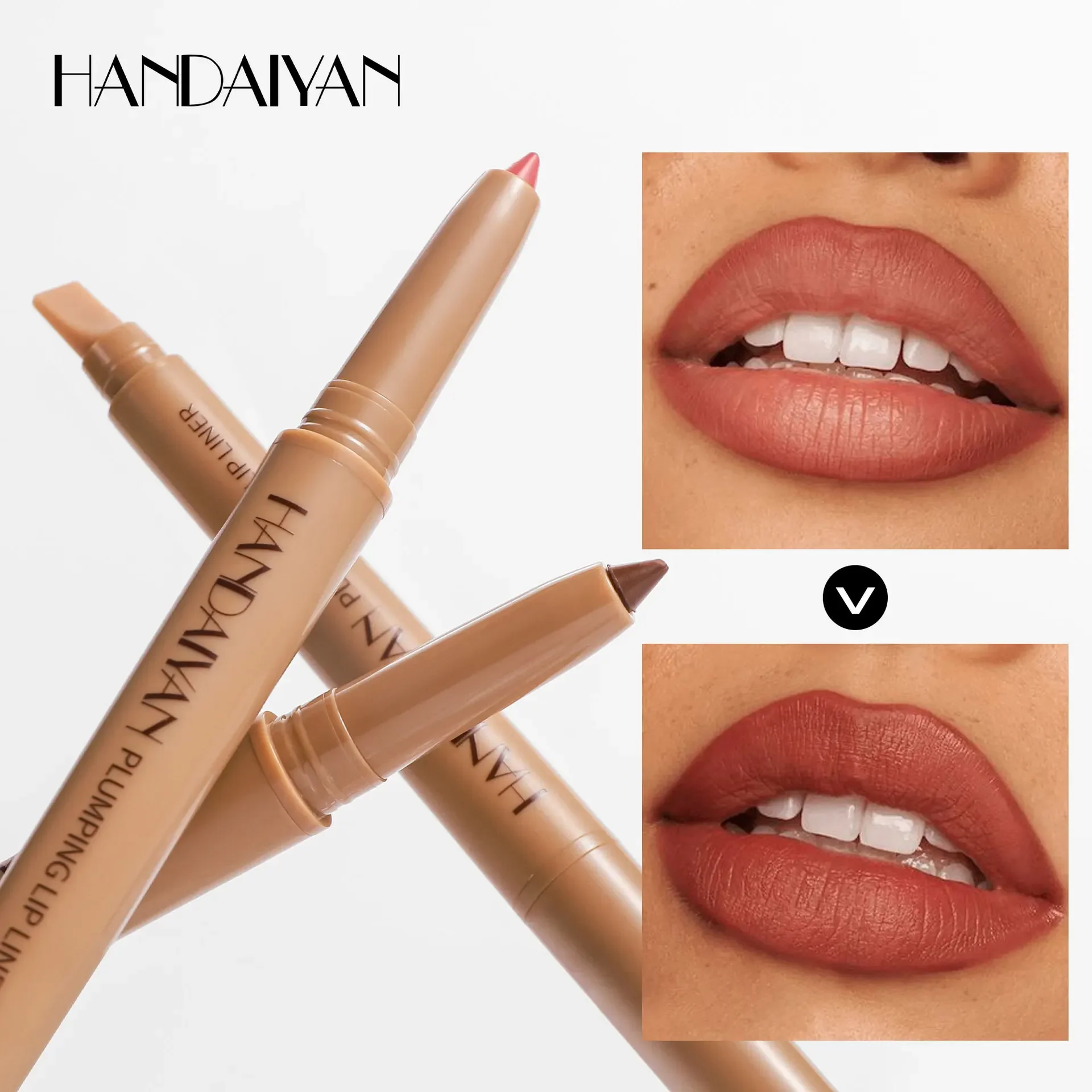 HANDAIYAN Double-HEAD Waterproof Lip Liner ปากกาแฟสีน้ําตาล Outlines Lip Shape Full Lip Contour พร้อมแปรงซิลิโคน
