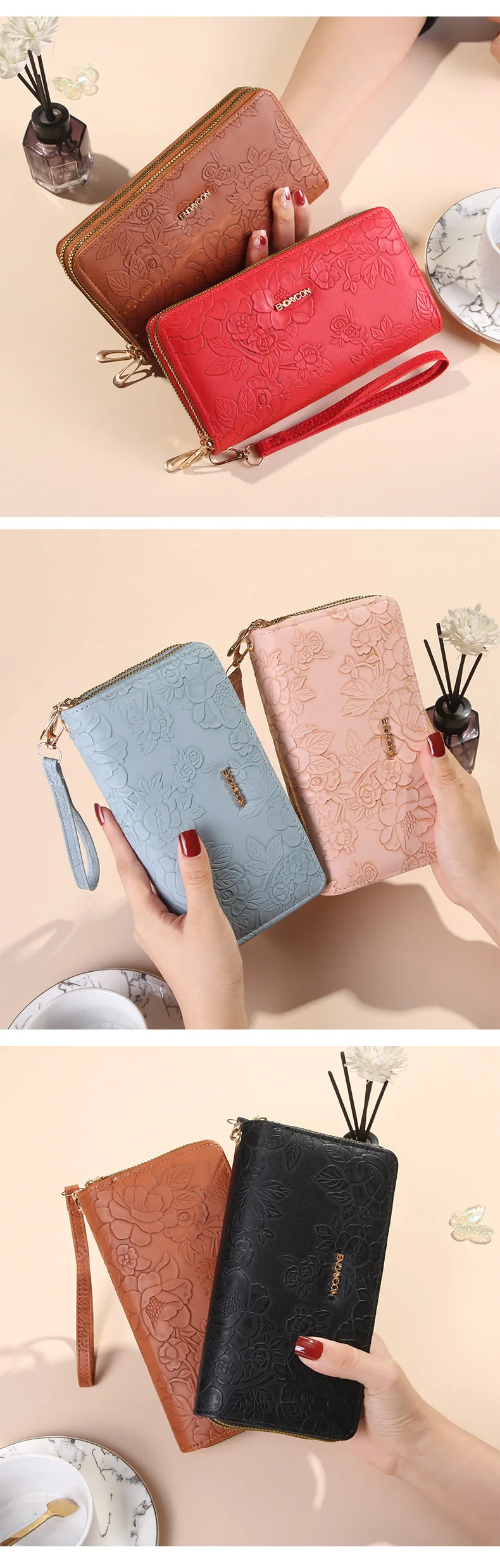 Multifunktionale lange Clutch-Geldbörse mit doppeltem Reißverschluss, großes Fassungsvermögen, doppellagiger Geldclip, kreativer Kartenhalter, Handytasche – Detail 11
