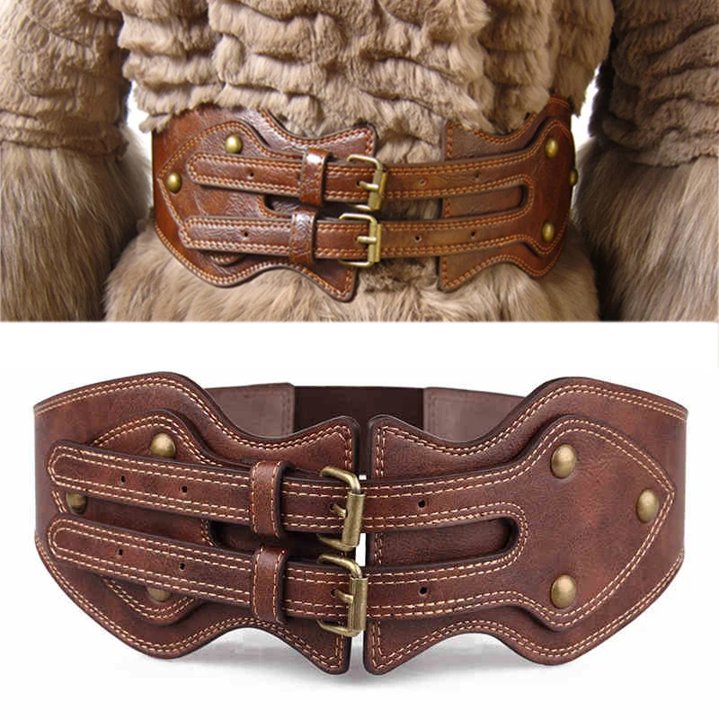 Vintage Women Faux Leather Buckle Wide Belt Strap Solid Color Waistband Corset Buckle Girdle Ceinture for Dress Clothing Props