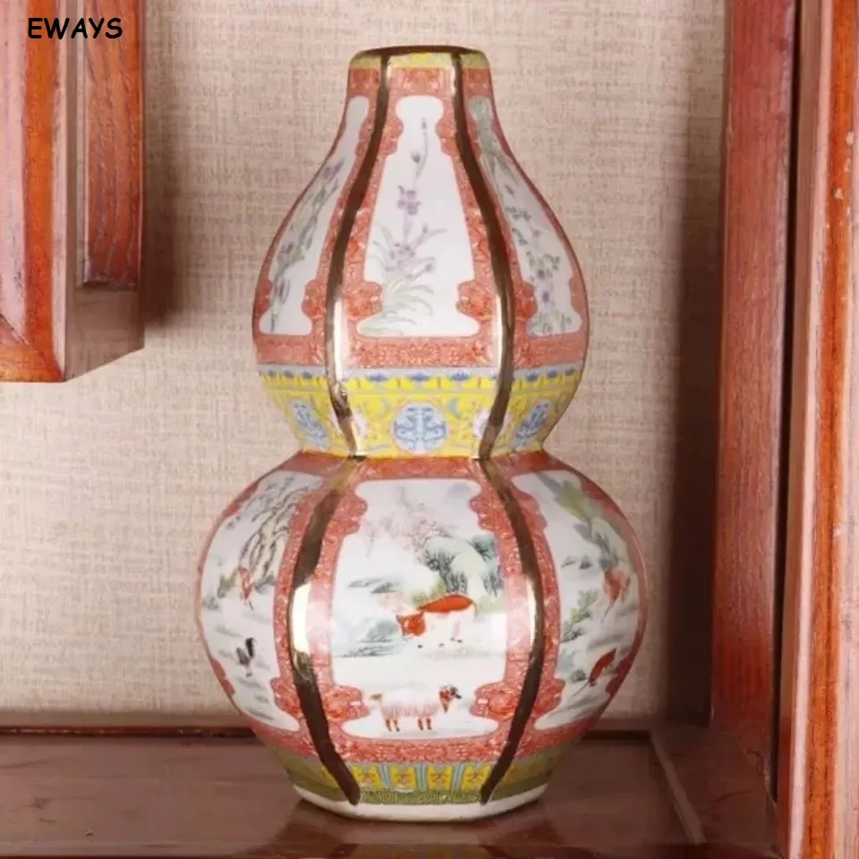 

26CM Square gourd Bottle Antique Ornaments Living Room Decoration Enamel Porcelain Home Furnishing Antique Collection