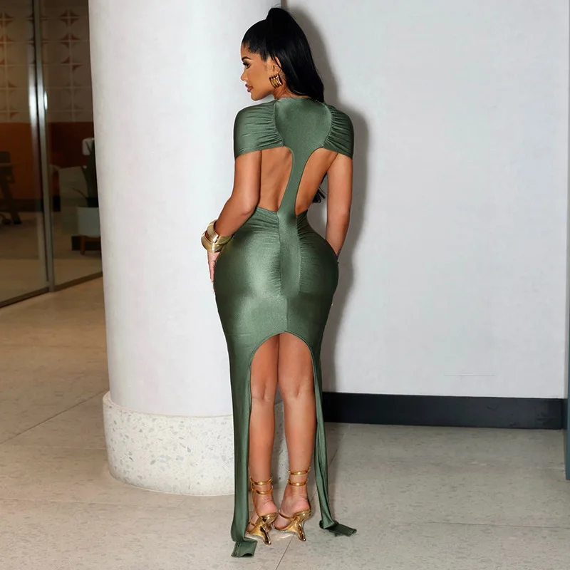 

Сексуальное облегающее платье Y2K с открытой спиной для женщин, для вечеринок и клубов, летнее, с коротким рукавом, круглым вырезом, драпировкой, мини-платье, для пляжного отдыха