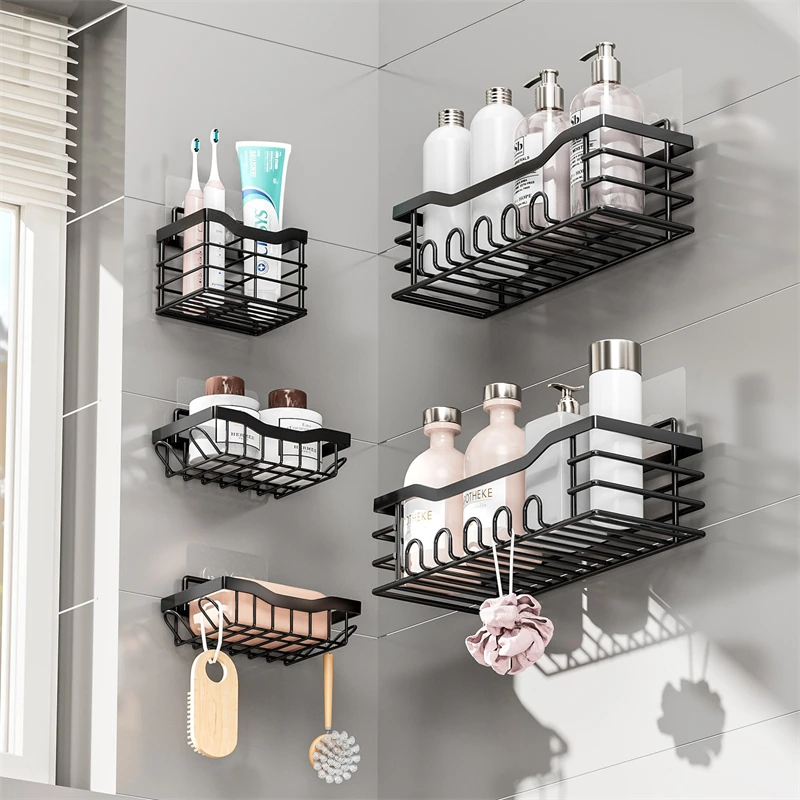 Bathroom Storage Rack Five-Piece Set Toilet Punch-Free Wall Hanging Toiletries Cup Soap Shampoo Black Iron Storage Rack