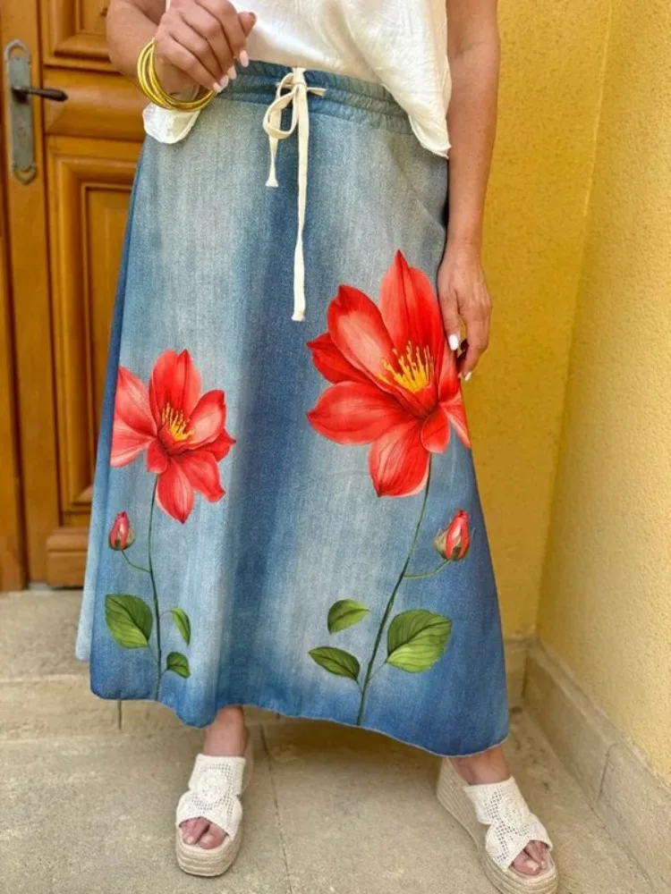 

Bonboho Women's Floral Printed Denim Skirt Adjustable Drawstring Waist Loose Fit Casual Skirts 2025 Fashion Streetwear Bottoms