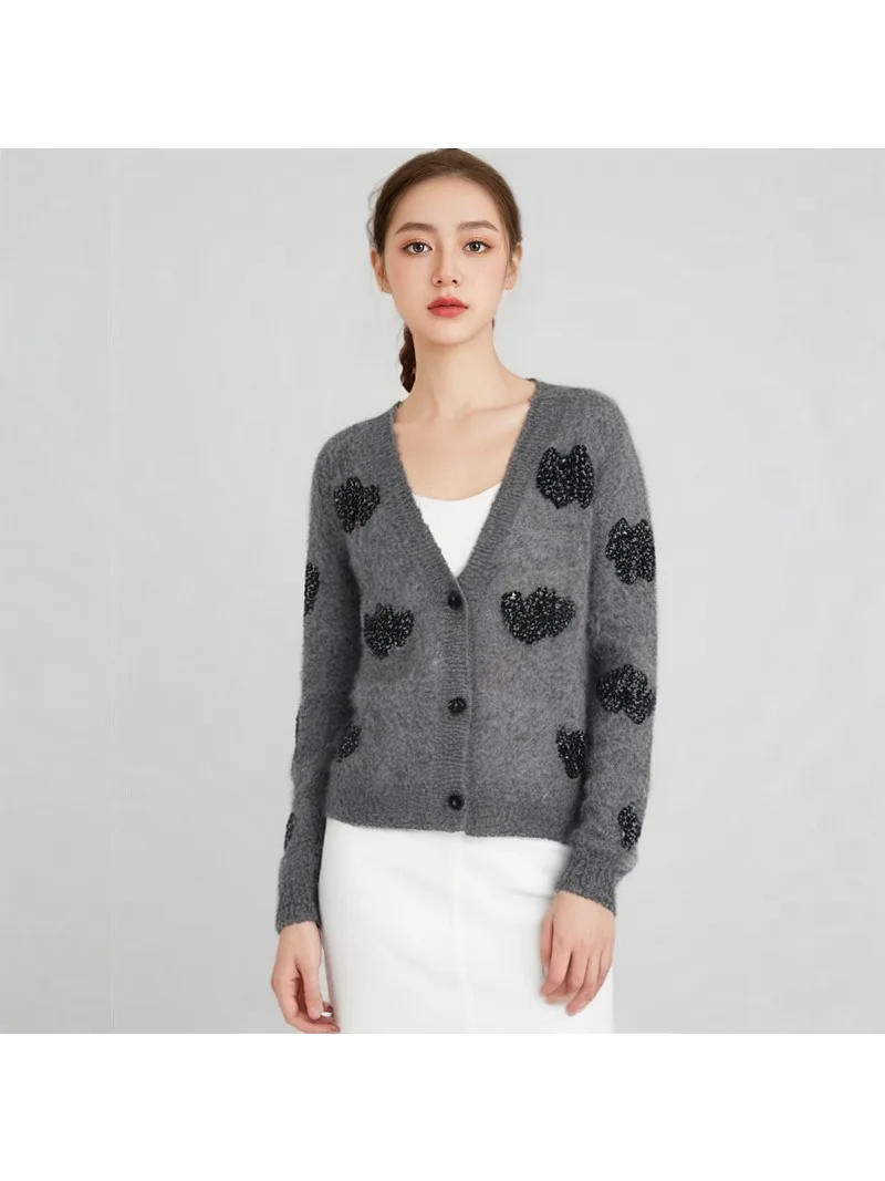 Pulls amples à col en v pour femmes, gris et blanc, avec motif Floral et cœur, Cardigan en tricot, pull amincissant polyvalent, hiver