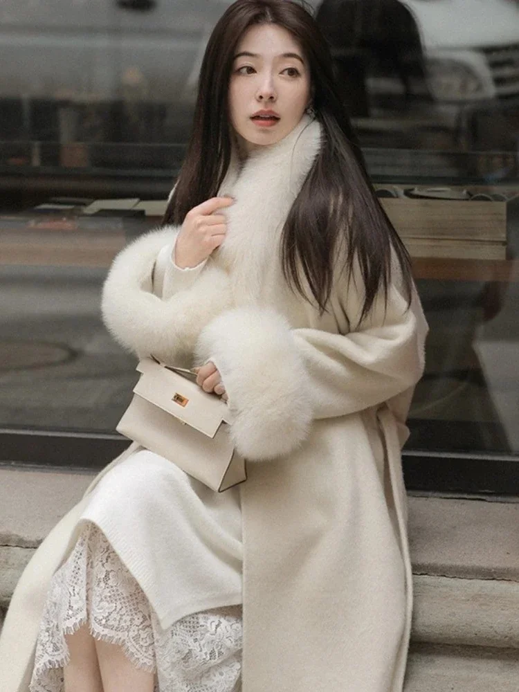 Giacca di lana Nuovo collo in vera pelliccia di volpe Giacca di lana di cashmere double face Donna O-collo lungo Abiti invernali eleganti femminili