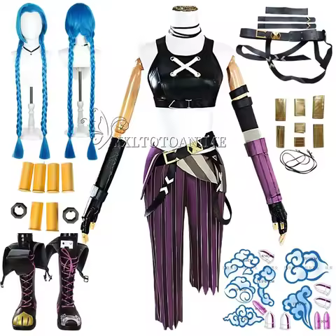 in stock LOL Jinx Cosplay Costume Anime LOL Arcane Jinx Cosplay outfit Halloween Suit Halloween Costume jinx wigs shoes
