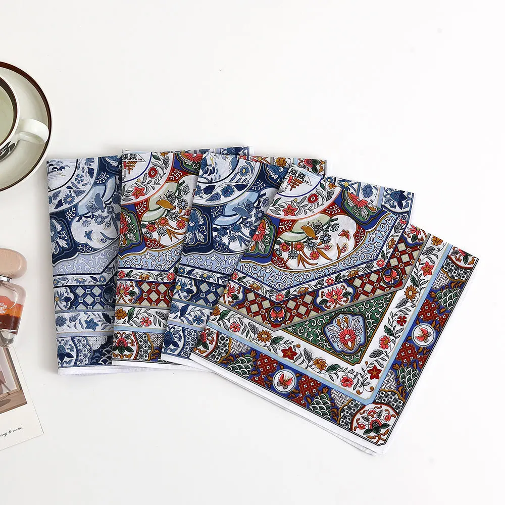 

8 шт. женский носовой платок из чистого хлопка 43 см, полотенце для рук, старомодный тонкий синий, белый фарфоровый принт, мягкий и удобный