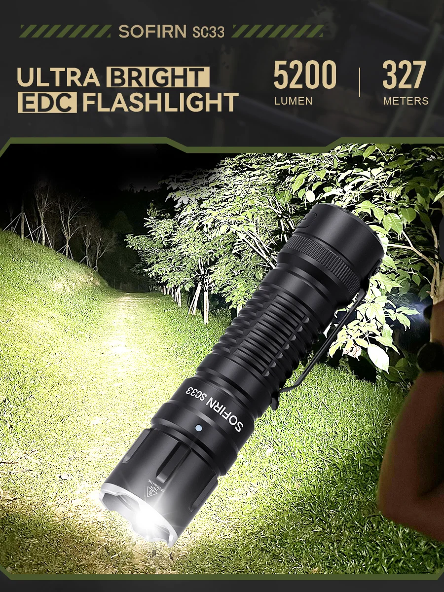 Sofirn SC33 XHP70.3 HI LED-Taschenlampe Taktisch 5200lm Leistungsstark 21700 USB-C Wiederaufladbare Taschenlampe mit Endschalter für Outdoor-Aktivitäten