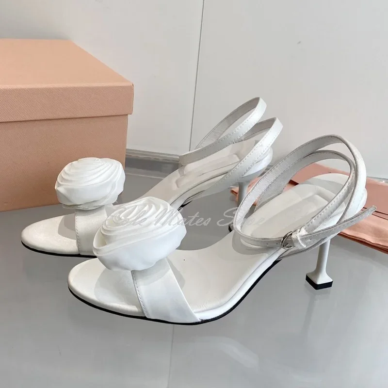 Stylish Pink Satin Stiletto Heel Sandals Hot Sale Rose Embellished Ankle Buckle Dress Shoes Party Formal Women's Wedding Shoes